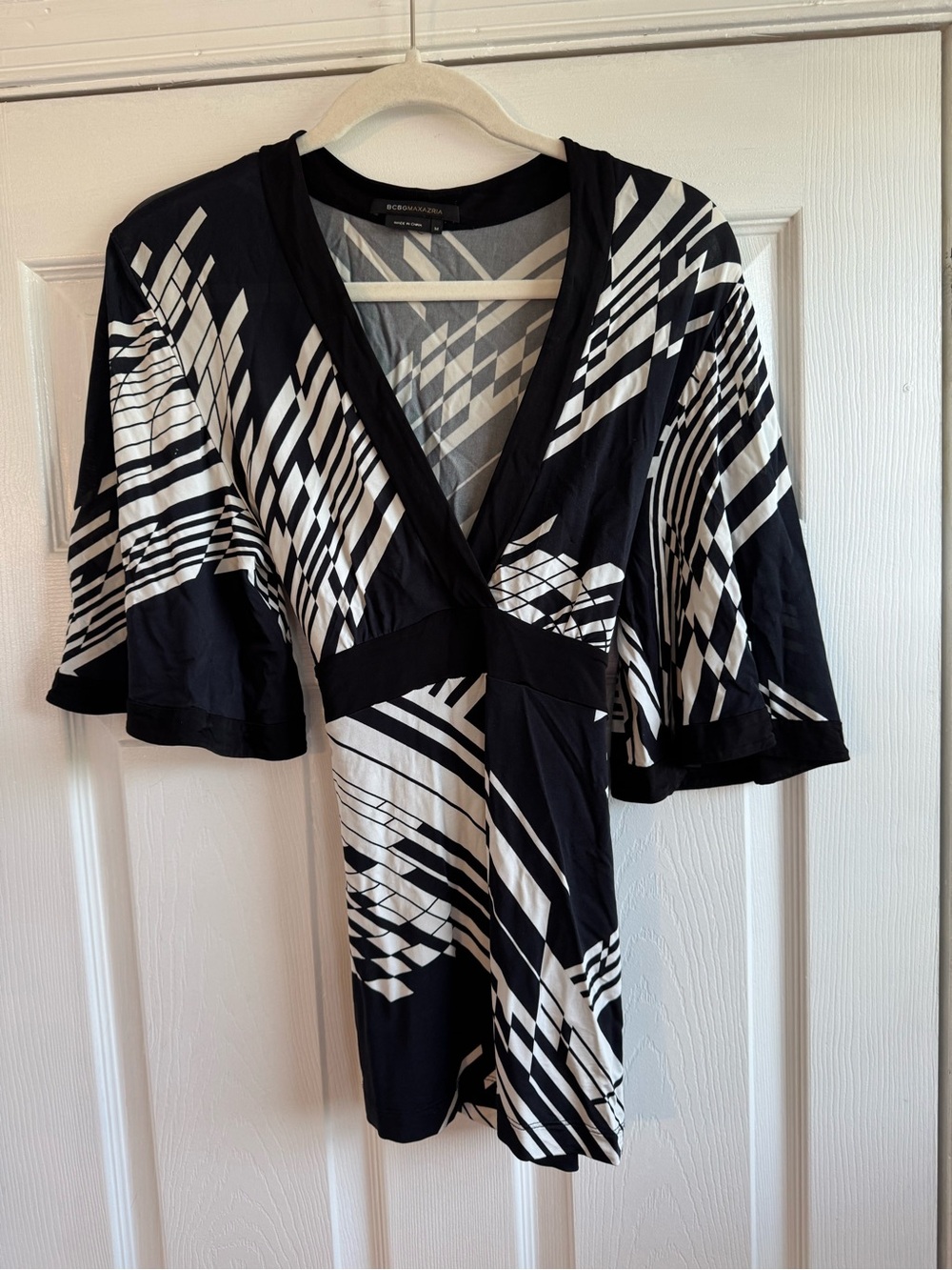 BCBGMaxAzria Black and White Striped V-Neck Top